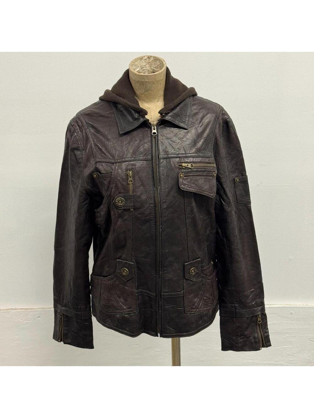 Vintage Brown Cargo Corset Back Knit Hood Leather Jacket